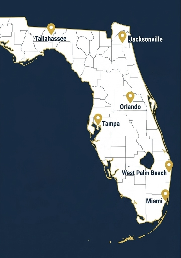 Map of Florida showing six My Florida Apostille offices — walk-in drop-off in West Palm Beach and Tampa; Tallahassee headquarters; Orlando, Jacksonville, and Miami support offices